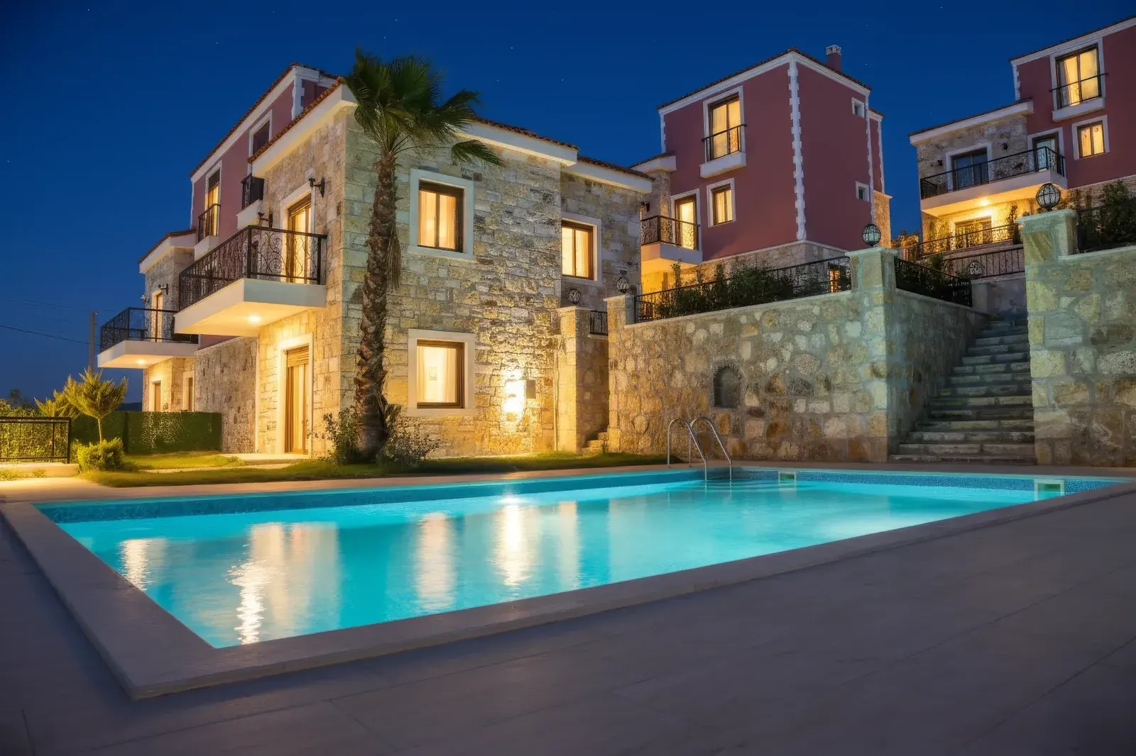 Akşam aydınlatmasıyla villa bahçesinde havuz